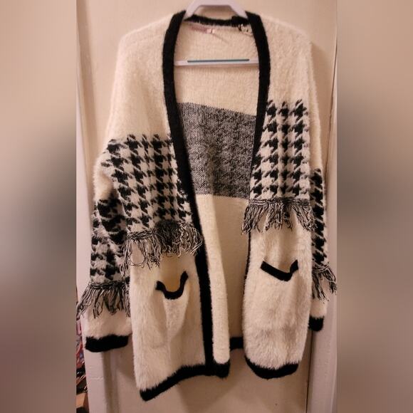 Esqualo Womens Fuzzy Knit Fringed Open Front Cardigan Sweater Black & Cream XL - Picture 3 of 9